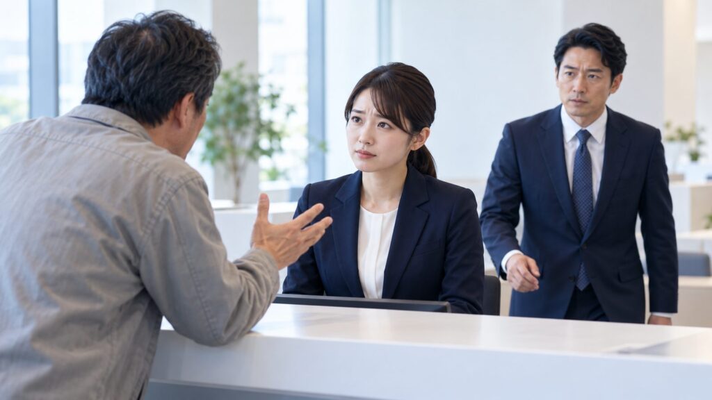 窓口で強い口調の要求を受けるスタッフと、気づいて近づく上司