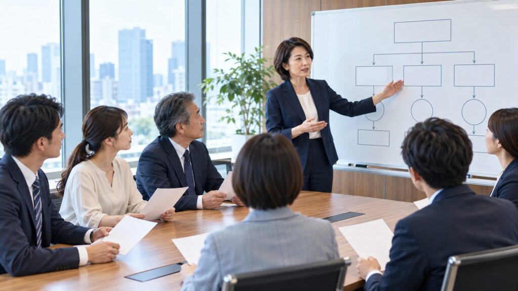 管理職が社員に対応方針と手順を説明している会議の様子