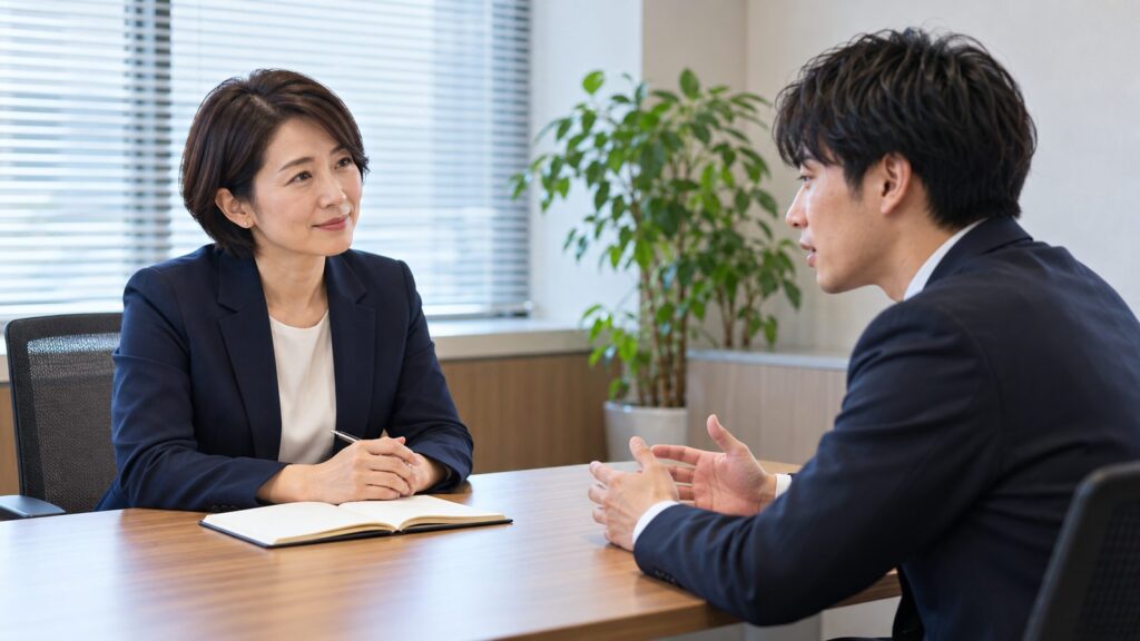 相談窓口の担当者が従業員の相談を聞いている様子
