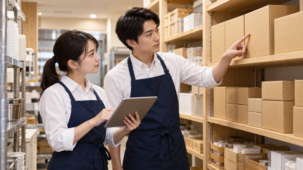 倉庫で2人のスタッフが在庫の数を一緒に確認している様子