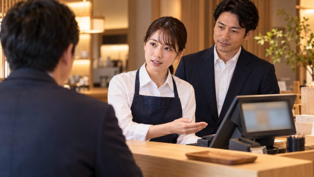 レジカウンターでスタッフがお客様に説明し、責任者が寄り添っている様子