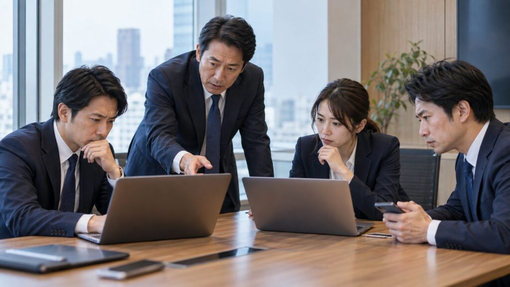 本社の会議室で責任者たちが緊急の対応を協議している様子