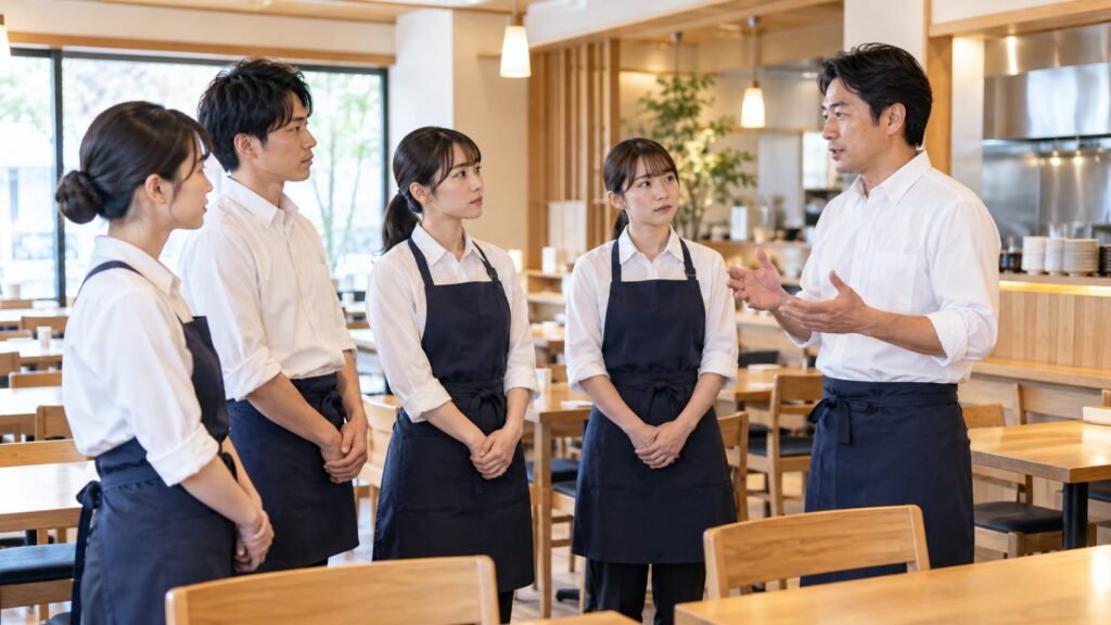 開店前の店舗で店長がスタッフに対応手順を説明している様子
